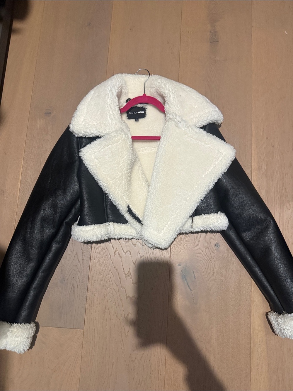 Fashion Nova Black Faux Leather Teddy Crop Jacket with Cream Shearling